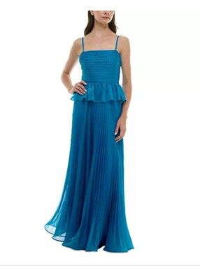 Taylor NWT Blue Pleated Maxi Dress Peplum Formal Evening Prom Gown Size 2 $248